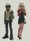  1girl 1other alternate_costume antlers black_dress black_eyes black_pants black_shirt black_shoes blonde_hair bright_pupils brown_hair commentary cropped_shirt dalli_02 deer_antlers deer_girl deltarune dress full_body furry furry_female green_jacket hand_in_pocket hashtag-only_commentary heart heart_print highres hood hoodie hooves horns jacket jacket_over_hoodie kris_(deltarune) long_hair long_sleeves noelle_holiday own_hands_together pants red_shirt shirt shirt_over_dress shoes short_hair simple_background striped_clothes striped_jacket white_background white_hoodie white_pupils 