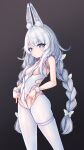 +_+ 1girl ahoge animal_ear_fluff animal_ears azur_lane bare_shoulders blue_eyes braid breast_curtains breastless_clothes breasts butterfly_hair_ornament closed_mouth commentary_request crotchless crotchless_pantyhose dark_background fake_animal_ears feet_out_of_frame gradient gradient_background hair_ornament hairband highres le_malin_(azur_lane) le_malin_(listless_lapin)_(azur_lane) leotard long_hair looking_at_viewer official_alternate_costume pantyhose playboy_bunny rabbit_ears revision silver_hair small_breasts solo standing thigh_strap twin_braids wakaba_(945599620) white_hairband white_legwear white_leotard wrist_cuffs 