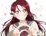  1girl absurdres bangs birthday collarbone commentary_request english_text eyebrows_visible_through_hair hair_ornament happy heart highres long_hair long_sleeves love_live! love_live!_sunshine!! red_hair sakurauchi_riko sidelocks solo upper_body yellow_eyes yuchi_(salmon-1000) 