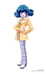  1990s_(style) 1girl aqua_hair blue_eyes copyright_notice full_body hand_in_pocket high_heels highres jacket long_sleeves looking_at_viewer medium_hair non-web_source official_art open_clothes open_jacket open_mouth pants plaid_clothes plaid_pants retro_artstyle rolfee simple_background solo standing tadano_kazuko tonari_no_princess_rolfee turtleneck white_background yellow_jacket 
