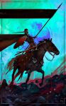  1boy animal blood cape commentary dominik_mayer english_commentary fantasy flower gradient gradient_background green_background helm helmet highres holding holding_shield horse knight original red_cape riding shield signature sitting sword weapon white_flower 