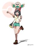 1girl :d absurdres artist_name bangs beanie black_hair boots clenched_hands collarbone commentary_request eyelashes green_shorts grey_eyes hat highres leg_up on_head open_mouth outstretched_arm poke_ball_symbol pokemon pokemon_(creature) pokemon_(game) pokemon_on_head pokemon_sm red_headwear rowlet selene_(pokemon) shirt short_hair short_shorts short_sleeves shorts smile standing standing_on_one_leg teeth teru_zeta tied_shirt tongue upper_teeth yellow_shirt 