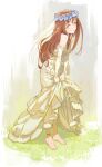  1girl barefoot breasts closed_mouth clothes_lift commentary_request covered_nipples dress dress_lift flower_wreath full_body head_wreath highres long_dress long_hair looking_at_viewer medium_breasts on_grass original red_hair smile solo standing wedding_dress white_dress yellow_eyes yugen99 