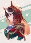  aiguillette animal_ears ascot brown_hair cape commentary_request earrings epaulettes hair_between_eyes hand_on_own_hip highres horse_ears horse_girl jewelry long_hair long_sleeves looking_at_viewer multicolored_hair purple_eyes red_cape rou_senka single_earring single_epaulette solo streaked_hair symboli_rudolf_(umamusume) umamusume upper_body white_ascot white_background white_hair 