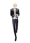  1boy absurdres adjusting_clothes aiguillette aimery_cenoir antenna_hair black_jacket black_pants black_shoes blonde_hair boys_be_maid! emblem epaulettes full_body gold_trim grey_eyes hair_between_eyes highres jacket long_sleeves looking_at_viewer male_focus necktie official_art open_clothes open_jacket oxfords pants parted_lips school_uniform second-party_source shirt shoes short_hair smile solo standing striped_clothes tachi-e transparent_background tuxedo_shirt ugonba_(howatoro) vertical-striped_clothes vertical-striped_necktie vest white_necktie white_shirt white_vest 