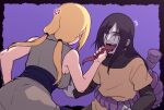  1boy 1girl anger_vein angry black_hair blonde_hair breasts large_breasts long_hair long_sleeves long_tongue makidsume nail_polish naruto_(classic) naruto_(series) ninja open_mouth orochimaru_(naruto) purple_background red_nails sideboob sleeveless tongue tongue_out tsunade_(naruto) yellow_eyes 