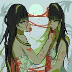 1girl bisected black_hair blood blood_on_arm blood_on_clothes blood_on_face brain colored_inner_hair exposed_brain facing_viewer guro hairband hand_on_own_chin highres multicolored_hair solo stitches sun tendril tongue tongue_out upper_body uzume_(uzm0) white_eyes 