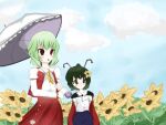 antennae ascot cape flower green_eyes green_hair hair_flower hair_ornament kazami_yuuka open_clothes open_vest plaid_clothes plaid_skirt plaid_vest red_eyes red_vest skirt skirt_set sunflower sunflower_hair_ornament touhou touhouloverxd two-sided_cape two-sided_fabric umbrella vest wriggle_nightbug yellow_ascot 