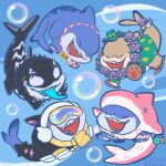  1boy artist_logo artist_name bubble character_name english_commentary fangs fins fish_tail highres jeff_the_land_shark jeff_the_land_shark_(cuddly_fuzzlefin) jeff_the_land_shark_(devouring_duo) jeff_the_land_shark_(incognito_dolphin) jeff_the_land_shark_(sunshine_land_shark) logo male_focus marvel marvel_rivals multiple_views obscure_mo open_mouth paw_print pawpads shark shark_fin shark_tail smile symbiote tail tongue tongue_out 