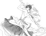  1boy :&lt; ahoge alternate_costume bare_shoulders bow braid braided_bangs bridal_veil bride bungou_to_alchemist cross-laced_clothes cross-laced_dress crossdressing crossdressing_(mtf) dazai_osamu_(bungou_to_alchemist) dress elbow_gloves fighting_stance flower_ornament garter_straps gloves greyscale hair_between_eyes high_heels highres holding holding_scythe knee_up looking_at_viewer male_focus memdic_(srs00108) monochrome one_eye_covered scythe serious short_hair simple_background slit_pupils solo standing standing_on_one_leg strapless strapless_dress thighhighs veil wedding_dress white_background 