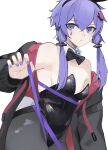  :o alternate_costume bare_shoulders black_bow black_bowtie black_jacket black_pantyhose bow bowtie breasts commentary cowboy_shot detached_collar groin hair_between_eyes highres jacket jacket_partially_removed leotard looking_at_viewer open_mouth pantyhose purple_eyes purple_hair purple_nails purple_ribbon ribbon short_hair_with_long_locks sideboob small_breasts strapless strapless_leotard symbol-only_commentary teardrop_facial_mark thighs ubah vocaloid voiceroid yuzuki_yukari 