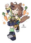  1girl ahoge animal_ears arm_up bilingual_commentary blue_boots blue_skirt blush_stickers boots bow bowtie brown_hair carrot clenched_hands closed_eyes commentary full_body green_socks grin horse_ears horse_girl horse_tail jacket jungle_pocket_(umamusume) long_sleeves mixed-language_commentary open_clothes open_jacket pleated_skirt short_hair signature simple_background skirt smile socks solo standing standing_on_one_leg tail umamusume uzumaki_osushi white_background yellow_bow yellow_bowtie yellow_jacket 