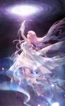  1girl absurdly_long_hair ankle_bow artist_request bare_shoulders bow brown_eyes dress floating floating_clothes floating_hair frilled_gloves frills full_body game_cg gloves gown guides_of_star_(shining_nikki) high_heels highres long_dress long_hair long_sidelocks looking_up nebula nikki_(nikki) nikki_(series) official_art parted_lips pink_bow pink_hair pink_shoes pointy_nose shining_nikki shoes sidelocks sleeveless sleeveless_dress solo space torn_bow very_long_hair wavy_hair white_bow white_dress white_gloves wrist_bow 