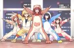  5girls :d animal_costume animal_hood arisugawa_natsuha bear_hood blurry building depth_of_field dog_hood full_body gojarun grin group_picture hamster_hood highres hood houkago_climax_girls_(idolmaster) idolmaster idolmaster_shiny_colors komiya_kaho lion_hood looking_at_viewer morino_rinze multiple_girls night night_sky open_mouth outstretched_arm outstretched_arms pajamas partially_unzipped penguin_hood saijou_juri sky smile sonoda_chiyoko zipper 