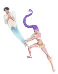  1boy 1girl absurdres black_hair blank_eyes boots braid braided_ponytail carrying carrying_person closed_eyes demon earrings floating_hair full_body highres jewelry jinu_(kpop_demon_hunters) kpop_demon_hunters l3ibbibibby purple_hair rumi_(kpop_demon_hunters) short_hair shorts simple_background white_background white_shorts 