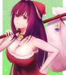  1girl absurdres bag bangs bell breasts christmas closed_eyes eyebrows_behind_hair fate/grand_order fate_(series) gift_bag hair_between_eyes hat highres holding holding_polearm holding_weapon ichi_yoshida lance large_breasts long_hair polearm purple_hair red_eyes santa_costume santa_hat scathach_(fate) smile solo sweater upper_body weapon 