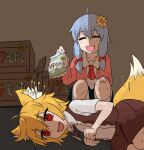  2girls ahoge animal_ear_fluff animal_ears bag bangs black_necktie blonde_hair blue_hair bow box brown_skirt brown_vest closed_eyes collared_shirt commentary_request cookie_(touhou) eyebrows_visible_through_hair flower fox_ears fox_girl fox_tail full_body hair_bow hair_flower hair_ornament highres looking_at_another lying medium_hair miramikaru_miran miramikaru_riran multiple_girls mushroom necktie on_floor on_side open_mouth pink_sweater red_bow red_eyes shirt short_sleeves skirt smile socks squatting sweater tail vest white_shirt yan_pai yellow_flower 