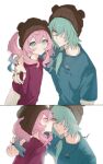  1boy 1girl anaxa_(honkai:_star_rail) aqua_eyes aqua_hair commentary drill_hair eyepatch green_hair green_shirt hetero hiaaxxxa highres honkai:_star_rail honkai_(series) hyacine_(honkai:_star_rail) jewelry kiss kissing_cheek medium_hair multicolored_hair necklace pink_hair purple_shirt shirt simple_background symbol-only_commentary twin_drills two-tone_hair white_background 