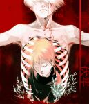  2boys bangs blonde_hair blood blood_from_eyes blood_on_face closed_eyes closed_mouth collarbone commentary facing_down guro highres kaneki_ken koujima_shikasa male_focus multicolored_background multiple_boys nagachika_hideyoshi numbered outstretched_arms plant red_background ribs short_hair teardrop tears tokyo_ghoul translation_request 
