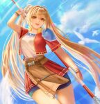  1girl ahoge antenna_hair armor bike_shorts bird blue_sky breasts brown_gloves brown_hair close-up cloud cropped_jacket double-parted_bangs eiyuu_densetsu estelle_bright fingerless_gloves gloves hair_between_eyes hair_intakes highres holding holding_staff holding_weapon long_hair medium_breasts open_mouth outdoors pauldrons red_eyes shoes short_sleeves shorts shoulder_armor single_pauldron skirt sky smile solo sora_no_kiseki staff twintails vordvord weapon 
