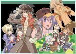  2006 3girls 5boys ^_^ abs alchemist_(ragnarok_online) animal_on_head apple apple_on_head arrow_(projectile) arrow_through_apple black_cat black_coat black_hair black_hat black_thighhighs blonde_hair blush boots breasts brown_hair cat cat_on_head closed_eyes coat commentary_request cover cover_page crop_top cropped_jacket cross cross_necklace double_bun doujin_cover dress eyewear_on_headwear filir_(ragnarok_online) food food_on_head fruit fruit_on_head full_body fur_trim garter_straps gloves gold_trim grey_eyes grey_hair hair_between_eyes hair_bun half-closed_eyes hand_to_own_mouth hat holding holding_mace holding_staff holding_weapon holding_wrench jacket jewelry jitome john_(strike-shank) juliet_sleeves leaning_to_the_side long_hair long_sleeves looking_to_the_side mace male_focus midriff multicolored_coat multiple_boys multiple_girls navel necklace newsboy_cap object_on_head on_head open_clothes open_jacket open_mouth pants penguin_hat pointing pointing_up priest_(ragnarok_online) puffy_sleeves purple_dress purple_eyes purple_hair ragnarok_online red_coat rogue_(ragnarok_online) short_hair short_sleeves sitting small_breasts smile soul_linker_(ragnarok_online) spikes staff stalker_(ragnarok_online) standing stomach sunglasses teeth thighhighs toned toned_male topless_male torn_clothes torn_sleeves two-tone_coat waist_cape weapon white_gloves whitesmith_(ragnarok_online) wrench 