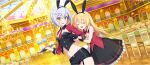  2girls :d animal_ear_hairband animal_ears armpit_crease black_gloves black_shorts black_skirt blonde_hair breasts casino chair chandelier chris_(konosuba) closed_eyes earrings fake_animal_ears fake_tail frilled_skirt frills game_cg garter_straps gloves grey_hair groin hair_between_eyes hairband half_gloves highres holding holding_tray indoors iris_(konosuba) jewelry kono_subarashii_sekai_ni_shukufuku_wo! konosuba!_fantastic_days light_blush long_hair looking_at_another matching_outfits medium_skirt midriff multiple_girls navel necktie official_alternate_costume official_art open_mouth playboy_bunny purple_eyes pushing rabbit_ear_hairband rabbit_ears rabbit_tail red_necktie red_vest scar scar_on_cheek scar_on_face short_hair short_necktie short_shorts shorts side_ahoge sidelocks skirt small_breasts smile stomach table tail tray vest waistcoat wispy_bangs 