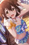  1girl bare_shoulders bikini blue_bikini blush bow bracelet breasts brown_eyes brown_hair cleavage collarbone cropped floral_print idolmaster idolmaster_million_live! jewelry kasuga_mirai looking_at_viewer medium_breasts midriff navel official_art open_mouth scrunchie short_hair smile solo swimsuit third-party_source towel towel_around_neck water water_drop wet yellow_eyes 