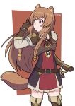  1girl animal_ear_fluff animal_ears arm_up armor armored_gloves artist_name belt black_dress boots border breastplate breasts brown_belt brown_boots brown_gloves brown_hair collared_dress commentary_request cowboy_shot dress elbow_gloves erushido274 floating_hair gloves high_collar highres layered_dress leather_armor light_frown long_hair long_sleeves looking_to_the_side metal_arm_cuffs metal_hair_tubes metal_wrist_cuffs neck_ribbon outside_border pauldrons raccoon_ears raccoon_girl raccoon_tail raphtalia red_background red_dress red_eyes red_ribbon ribbon sheath sheathed short_dress shoulder_armor signature single_pauldron sleeveless sleeveless_dress small_breasts solo standing straight_hair striped_clothes striped_dress sword tail tate_no_yuusha_no_nariagari thigh_boots two-tone_dress vertical-striped_clothes vertical-striped_dress weapon white_border white_dress zettai_ryouiki 