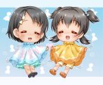  2girls :d =_= akagi_miria bangs black_footwear black_hair blue_bow blue_skirt bow brown_footwear bunny_hair_ornament closed_eyes commentary_request eyebrows_visible_through_hair facing_viewer frilled_skirt frills hair_between_eyes hair_bow hair_ornament hairclip idolmaster idolmaster_cinderella_girls low_twintails motion_lines multiple_girls open_mouth parted_bangs poncho regular_mow sandals sasaki_chie shoe_soles shoes short_hair shorts skirt smile twintails two_side_up yellow_shorts 