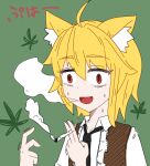  1girl :d animal_ears asymmetrical_hair bangs black_necktie blonde_hair brown_vest collared_shirt commentary_request constricted_pupils cookie_(touhou) drugs eyebrows_visible_through_hair fox_ears fox_girl green_background hair_between_eyes joint_(drug) marijuana medium_hair miramikaru_riran necktie open_mouth red_eyes shirt sidelocks simple_background smile smoking solo translation_request trembling upper_body vest white_shirt yan_pai 