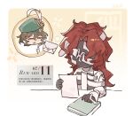  1boy 1girl aleph_(reverse:1999) black_gloves black_mask brown_hair chibi chinese_text closed_eyes covered_face envelope gloves gradient_background green_hat hat hat_feather highres holding holding_letter holding_paper holding_quill letter newsboy_cap open_mouth paper quill reading recoleta_(reverse:1999) red_hair reverse:1999 shirt short_hair translated upper_body white_shirt yelin_yoru yellow_background 