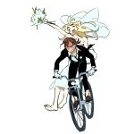  2girls barefoot bicycle black_jacket black_pants black_suit blonde_hair bouquet bridal_veil brown_hair brown_shoes clenched_teeth closed_eyes collared_shirt dress flower gloves highres holding holding_bouquet jacket long_hair multiple_girls open_mouth original pants riding riding_bicycle shirt shoes short_hair smile suit suit_jacket teeth veil vivinos wedding_dress white_dress white_flower white_gloves white_shirt white_veil 