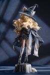  1girl alternate_costume back_bow black_boots black_bow black_hat black_skirt blonde_hair boots bow chezter_(photographer) commentary_request facing_away figure_(medium) figure_stage frilled_bow frilled_skirt frills from_behind from_below full_body garage_kit_(medium) grey_socks hat high-waist_skirt high_heel_boots high_heels highres kirisame_marisa kneehighs large_bow long_hair medium_skirt messy_hair petticoat photo_(medium) skirt socks solo standing thpeipei touhou unconventional_media very_long_hair wavy_hair white_bow witch witch_hat wonder_festival xiaango 