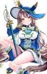  1girl animal_ears ass blue_boots blue_hat blue_jacket boots breasts brown_hair buttons closed_mouth commentary_request double-breasted ear_covers ear_ornament epaulettes gloves hair_between_eyes hat highres holding holding_sword holding_weapon horse_ears horse_girl horse_tail jacket large_breasts long_hair long_sleeves looking_at_viewer metaninjin official_alternate_costume official_alternate_hairstyle satono_diamond_(chevalier_bleu)_(umamusume) satono_diamond_(umamusume) simple_background sitting skirt smile solo sword tail thighs umamusume weapon white_background white_gloves white_skirt wide_brim yellow_eyes yokozuwari 