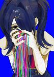  1girl absurdres ame-chan_(needy_girl_overdose) blue_background blue_eyes covering_own_mouth hair_ornament hair_over_one_eye highres looking_at_viewer multicolored_nails multiple_scars needy_girl_overdose pao_(i_loxe_u) red_shirt scar scar_on_arm self-harm_scar shirt short_twintails simple_background skirt solo suspender_skirt suspenders twintails upper_body vomiting_rainbows winged_sleeves wrist_cutting x_hair_ornament 