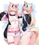  2girls absurdres alternate_costume animal_ear_fluff animal_ears artist_name ass bandaid bandaid_hair_ornament bandaid_on_leg bandaid_on_stomach belt bikini bikini_under_shorts black_collar black_jacket blonde_hair blue_eyes blue_hair breasts claw_pose clothing_cutout collar commentary covered_navel cropped_jacket cropped_legs crossed_bangs dog_ears dog_girl dog_tail double-parted_bangs dress extra_ears flying_sweatdrops food food_in_mouth frilled_dress frills fuwawa_abyssgard hair_between_eyes hair_intakes hair_ornament hairband hairclip hand_on_own_hip hands_up highleg highleg_bikini highres holding holding_food holding_popsicle hololive hololive_english horn_hairband jacket large_breasts long_hair looking_at_viewer mococo_abyssgard multicolored_hair multiple_girls namiorii navel open_fly open_mouth panties pantyshot patreon_logo patreon_username pink_belt pink_bikini pink_eyes pink_hair pink_hairband popsicle popsicle_in_mouth short_hair short_shorts shorts siblings simple_background sisters skindentation small_breasts streaked_hair swimsuit symbol-only_commentary tail thigh_belt thigh_strap twins twitter_x_logo two_side_up underboob underboob_cutout underwear virtual_youtuber web_address white_background white_bikini white_dress white_panties x_hair_ornament 
