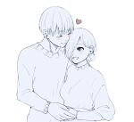  1boy 1girl :d absurdres bangs blush breasts commentary_request facial_mark hair_bun hair_over_one_eye heart hetero highres holding_hands kaneki_ken kirishima_touka long_sleeves medium_breasts monochrome open_mouth short_hair simple_background smile sweater teeth tokyo_ghoul toukaairab upper_teeth white_background 