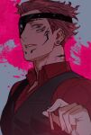  1boy black_eyepatch black_vest cigarette collared_shirt dress_shirt ear_piercing extra_eyes eyepatch facial_tattoo grey_background grey_eyes grmms_otk hand_up holding itadori_yuuji jujutsu_kaisen looking_at_viewer male_focus one_eye_covered piercing pink_hair red_shirt ryoumen_sukuna_(jujutsu_kaisen) shirt short_hair solo tattoo vest 