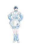  1boy :&lt; absurdres apron blue_bow blue_eyes blue_flower blue_hair blue_jacket blue_leg_warmers blue_shorts bow boys_be_maid! closed_mouth crossdressing crossdressing_(mtf) double-parted_bangs flower flower_ornament forget-me-not_(flower) frilled_apron frills full_body hair_between_eyes hair_bow hair_flower hair_ornament hairclip hands_on_own_hips heart heart_hair_ornament highres jacket jersey_maid leg_warmers legwear_garter long_sleeves looking_at_viewer maid maid_apron maid_headdress male_focus male_maid name_tag official_art orchid second-party_source shoes short_hair shorts side_part sleeve_garter sleeves_past_wrists smile sneakers solo standing tachi-e takashina_ranto track_jacket transparent_background ugonba_(howatoro) unconventional_maid white_apron white_bow white_flower white_shoes zipper zipper_pull_tab 