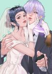  1boy 1girl aqua_background black_hair black_necktie blunt_bangs bridal_veil brown_eyes dress gloves hair_bun hair_over_one_eye highres holding holding_weapon kpop_demon_hunters mystery_(kpop_demon_hunter) necktie purple_hair short_hair sidelocks simple_background taroco upper_body veil weapon white_dress white_gloves zoey_(kpop_demon_hunters) 
