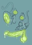alien ambiguous_gender anthro balls big_balls big_penis blush blush_stickers bodily_fluids butt felid feline felis genital_fluids genitals grey_body hi_res huge_balls huge_penis hyper hyper_balls hyper_genitalia hyper_penis looking_at_viewer machine mammal metallic_body nylonhellhole open_mouth penis precum presenting presenting_hindquarters robot screen screen_face simple_background slime smile solo tail ufo vehicle vulva