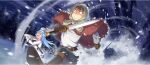  1boy 1girl aqua_(konosuba) bag belt belt_buckle black_pants blue_hair boots brown_belt brown_boots brown_cape brown_gloves brown_hair buckle cape clenched_teeth closed_eyes coat fleeing fur_cape game_cg gloves green_eyes hat highres holding holding_sword holding_weapon kono_subarashii_sekai_ni_shukufuku_wo! konosuba!_fantastic_days long_hair long_sleeves looking_back mittens monster motion_blur night official_art open_mouth outdoors pants pine_tree satou_kazuma shirt shoulder_bag snow snowing sword tearing_up teeth tree weapon white_coat white_hat white_mittens white_shirt wide-eyed winter_clothes winter_coat 