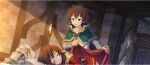  1boy 1girl bedroom belt belt_buckle brick_wall brown_belt brown_hair buckle cape closed_eyes collarbone covering_with_blanket dress game_cg green_cape green_eyes hair_between_eyes head_on_pillow highres indoors kono_subarashii_sekai_ni_shukufuku_wo! konosuba!_fantastic_days light_rays long_sleeves looking_at_another lying megumin off-shoulder_dress off_shoulder official_art on_side open_mouth parted_lips pillow red_dress satou_kazuma shirt short_dress short_hair short_hair_with_long_locks sleeping sunbeam sunlight white_shirt 