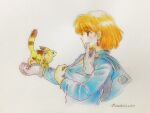  1girl animal black_fur blue_hat blue_jacket breasts brown_eyes brown_hair clothes_pull collar_tug earrings from_side gloves green_eyes grey_gloves hat highres holding holding_gloves holding_unworn_clothes jacket jewelry kaze_no_tani_no_nausicaa medium_breasts mouth_hold nausicaa pet profile q-bee_(aaru) shirt_pull teardrop_earrings teeth_hold teto_(nausicaa) two-tone_fur unworn_gloves upper_body yellow_fur 