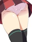  1girl ass black_legwear close-up commentary_request highres kamihama_university_affiliated_school_uniform kuu_nekoneko lower_body magia_record:_mahou_shoujo_madoka_magica_gaiden mahou_shoujo_madoka_magica miniskirt panties pantyshot plaid plaid_skirt pleated_skirt red_skirt school_uniform shiny shiny_skin simple_background skirt solo tamaki_iroha thighhighs thighs underwear upskirt white_background white_panties 