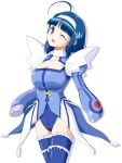  1girl ;d ahoge arms_at_sides blue_gloves blue_hair blue_leotard blue_thighhighs blush breasts choker cleavage cleavage_cutout clenched_hands clothing_cutout collarbone commentary cowboy_shot cross-laced_clothes cross-laced_leotard cut_bangs drop_shadow frilled_thighhighs frills gloves hairband highres kaitou_tenshi_twin_angel kannazuki_aoi large_breasts legs_together leotard long_sleeves looking_at_viewer macla magical_girl one_eye_closed open_mouth puffy_long_sleeves puffy_sleeves purple_eyes short_hair shoulder_pads simple_background smile solo tareme thighhighs twin_angel white_background white_choker white_hairband 