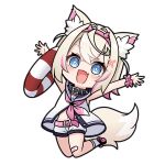  1girl :d animal_ear_fluff animal_ears arms_up belt belt_buckle black_shoes blue_eyes brown_hair buckle dog_ears dog_girl dog_tail dress fang full_body hair_between_eyes hair_ornament hairband hololive hololive_english kadose_ara lifebuoy looking_at_viewer mococo_abyssgard multicolored_hair navel pink_belt pink_hair pink_hairband shoe_soles shoes short_shorts shorts sleeveless sleeveless_dress smile socks solo streaked_hair swim_ring tail transparent_background virtual_youtuber white_shorts white_socks x_hair_ornament 