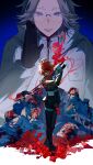  6+boys absurdres ahoge aotsuki_eito arms_up belt black_gloves black_pants black_streaks blood blood_on_clothes blood_on_face blood_splatter blue_fire breast_pocket chinese_commentary crying fire gakuran glasses gloves grey_hair hand_up highres holding holding_sword holding_weapon jacket last_defense_academy_school_uniform looking_at_another male_focus multicolored_hair multiple_boys pants pile_of_corpses pocket purple_eyes red_hair school_uniform short_hair smile spoilers streaked_hair sumino_takumi sword the_hundred_line_-last_defense_academy- weapon white_belt white_jacket xiamu081 