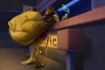 anthro belly big_belly brown_hair eyewear felid fur glasses hair hi_res huge_belly licking licking_lips lion male male_pred male_prey mammal mane pantherine pink_nose same_size_vore struggling struggling_prey tongue tongue_out volcha vore yellow_body yellow_fur