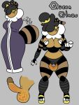 2_fingers 3:4 4_arms 4_fingers 4_toes antennae_(anatomy) anthro arthropod arthropod_abdomen balls bee big_breasts black_hair breasts chastity_belt chastity_device claws clothing covering covering_breasts crown eyelashes eyeshadow fan_character feet fingers food footwear genitals grey_background gynomorph hair headgear hi_res high_heels honey_(food) hymenopteran insect intersex makeup markings mole_(marking) multi_arm multi_limb narrowed_eyes penis robe shoes signature simple_background solo striped_markings stripes text toe_claws toes toni_oni yellow_body
